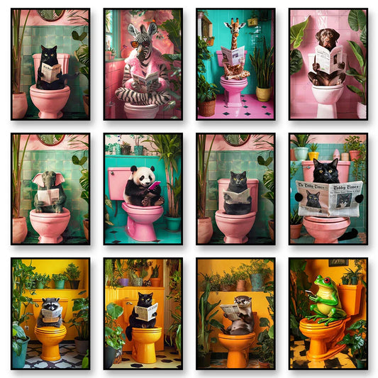 DecorBites™ Cat Reading on Toilet Canvas Wall Art
