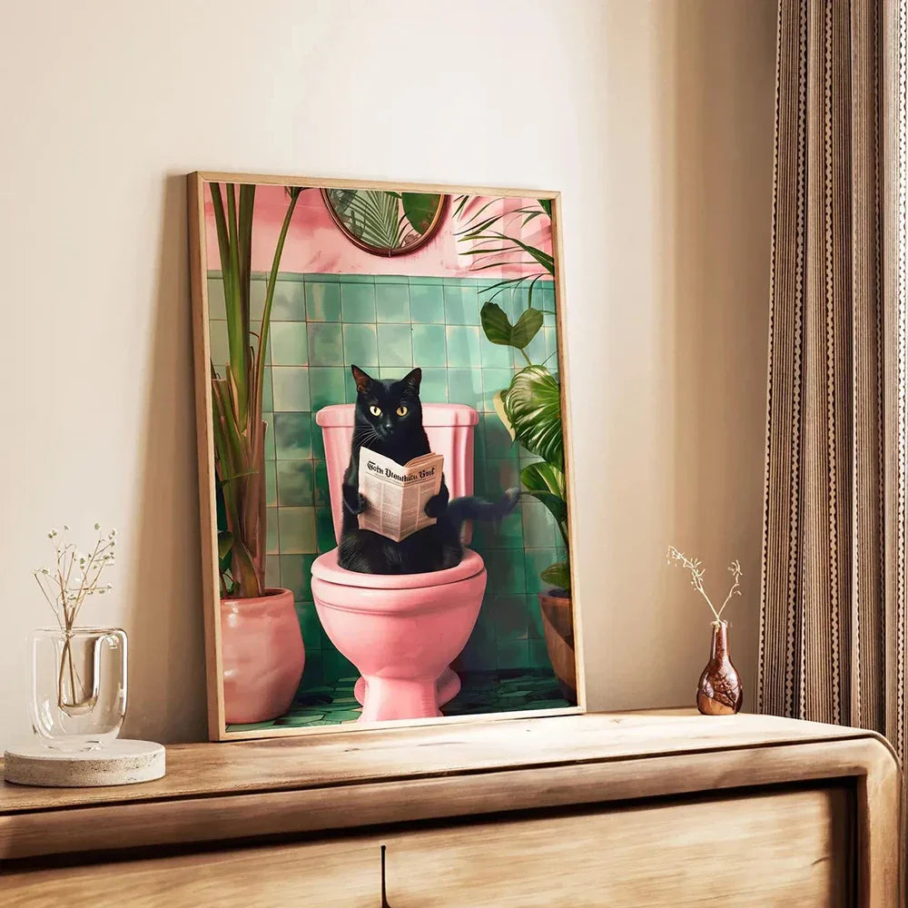DecorBites™ Cat Reading on Toilet Wall Art