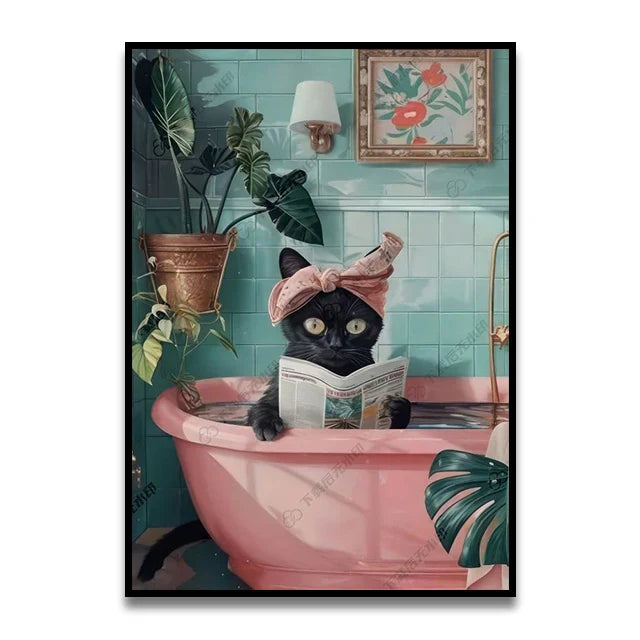 DecorBites™ Cat Reading on Toilet Wall Art
