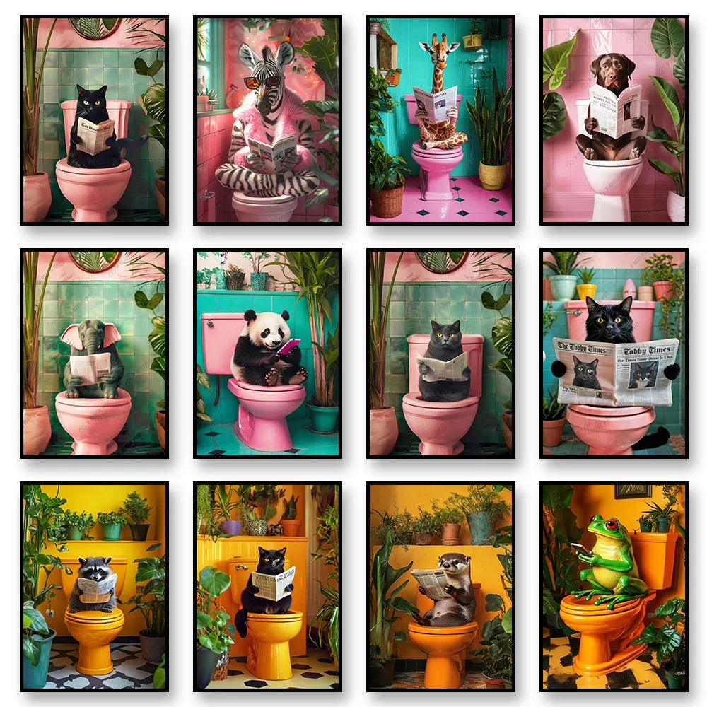 DecorBites™ Cat Reading on Toilet Wall Art