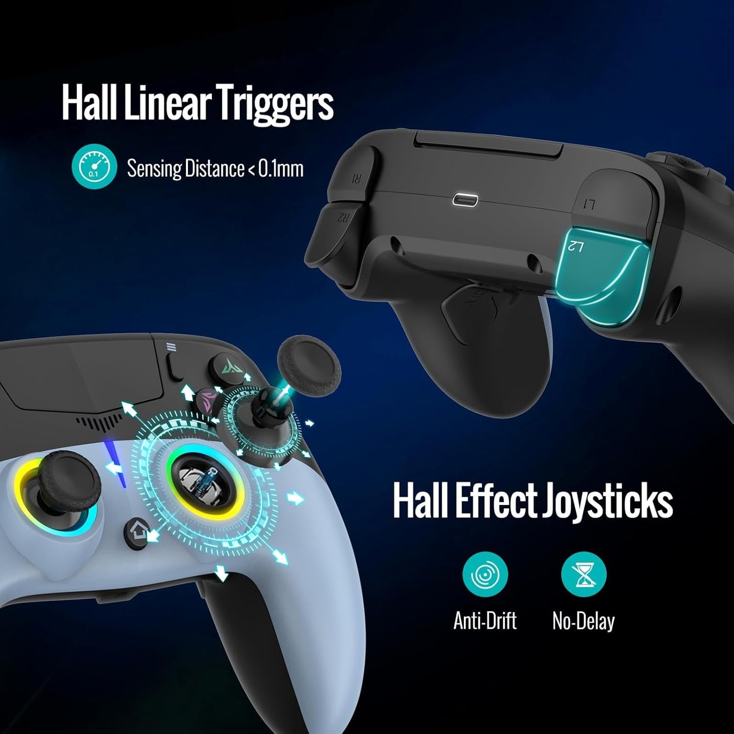 LED Wireless Gaming Controller for PS5 Pro Slim and PC, Hall Effect Joysticks and Triggers, RGB Lighting with 4 Modes, Macro Support, 6-Axis Motion Control, Dual Vibration, 3.5mm Audio Jack, Black and Blue