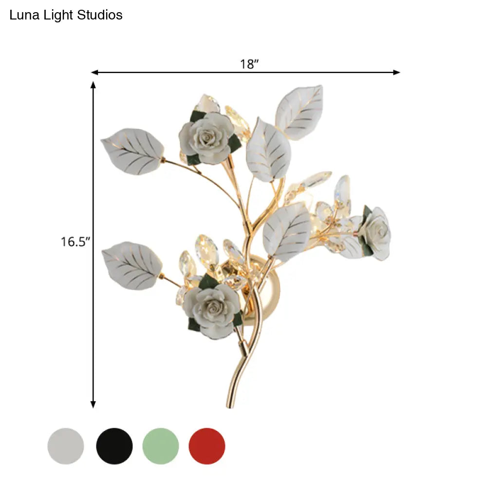 DecorBites™ Ceramic and Crystal Branch Wall Lamp with 3 Bulbs and Rose/Leaf Design in Black/White for Bedroom Sconce Lighting