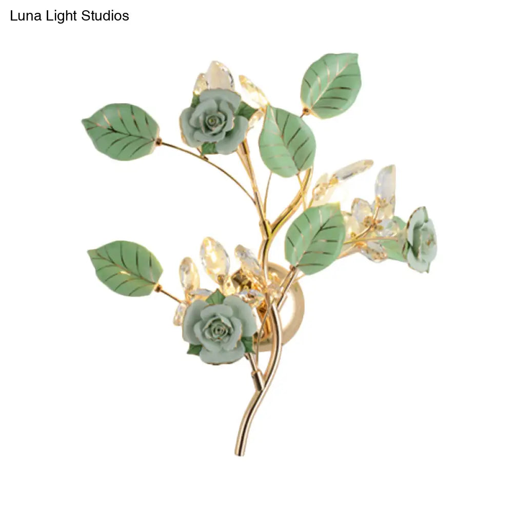 DecorBites™ Ceramic and Crystal Branch Wall Lamp with 3 Bulbs and Rose/Leaf Design in Black/White for Bedroom Sconce Lighting