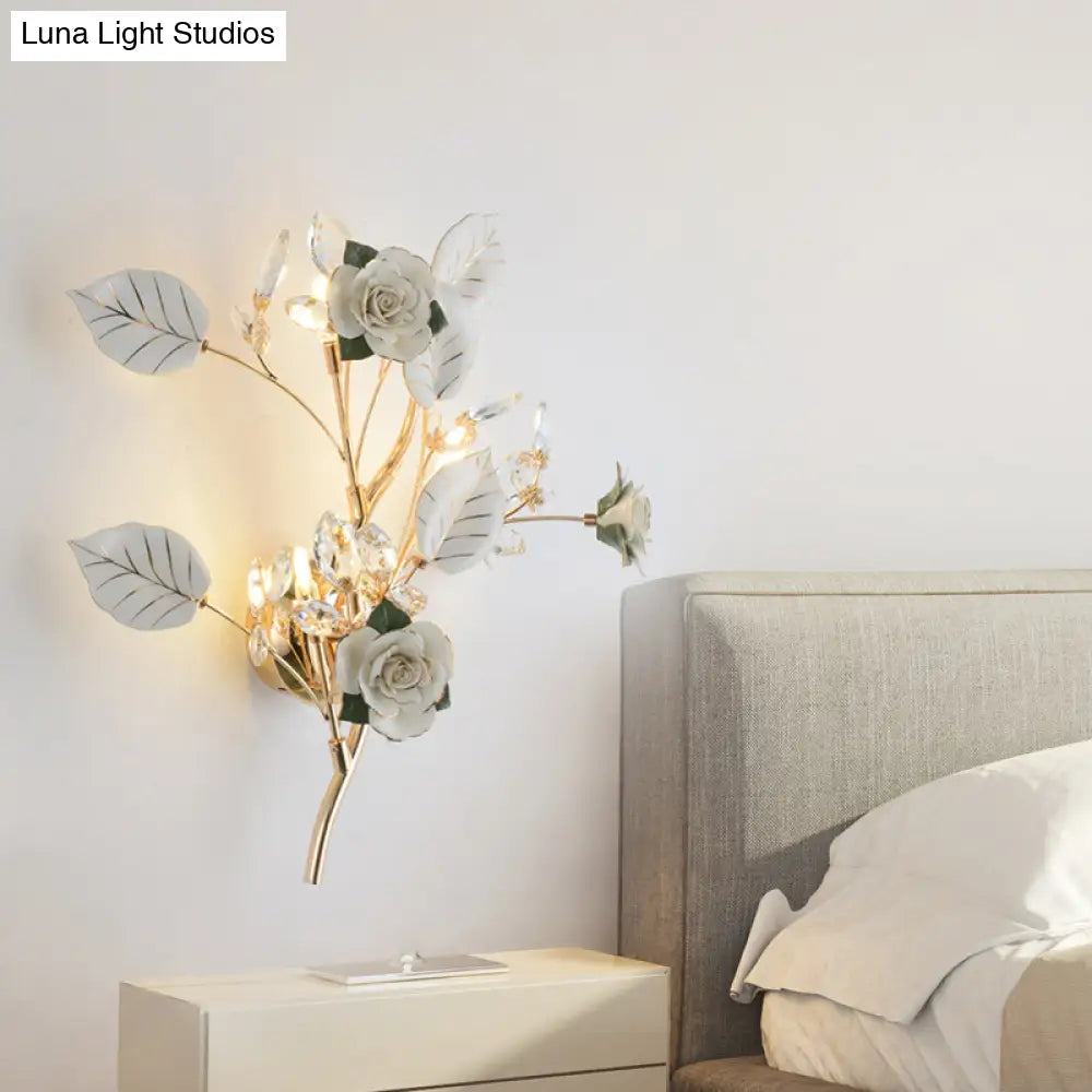 DecorBites™ Ceramic and Crystal Branch Wall Lamp with 3 Bulbs and Rose/Leaf Design in Black/White for Bedroom Sconce Lighting