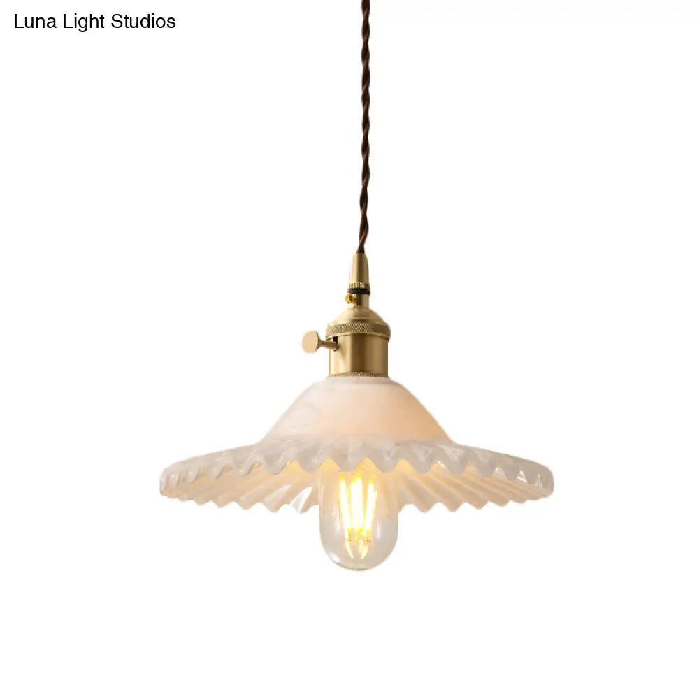 DecorBites™ Chloe - Scalloped Pendant Light: Industrial Brass & White Glass