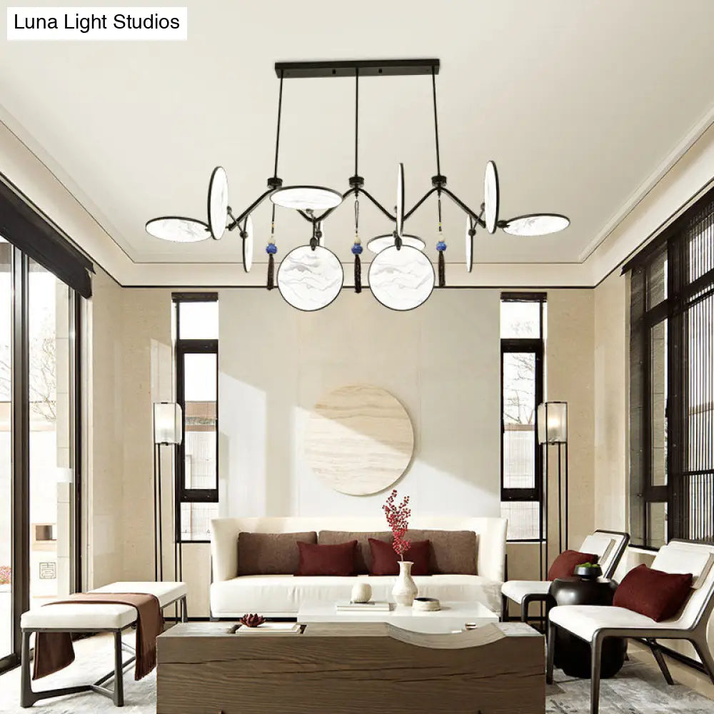 DecorBites™ Circular Fan Island Lamp: Modern Acrylic LED Suspension Light with Landscape Print – Perfect for Tearooms