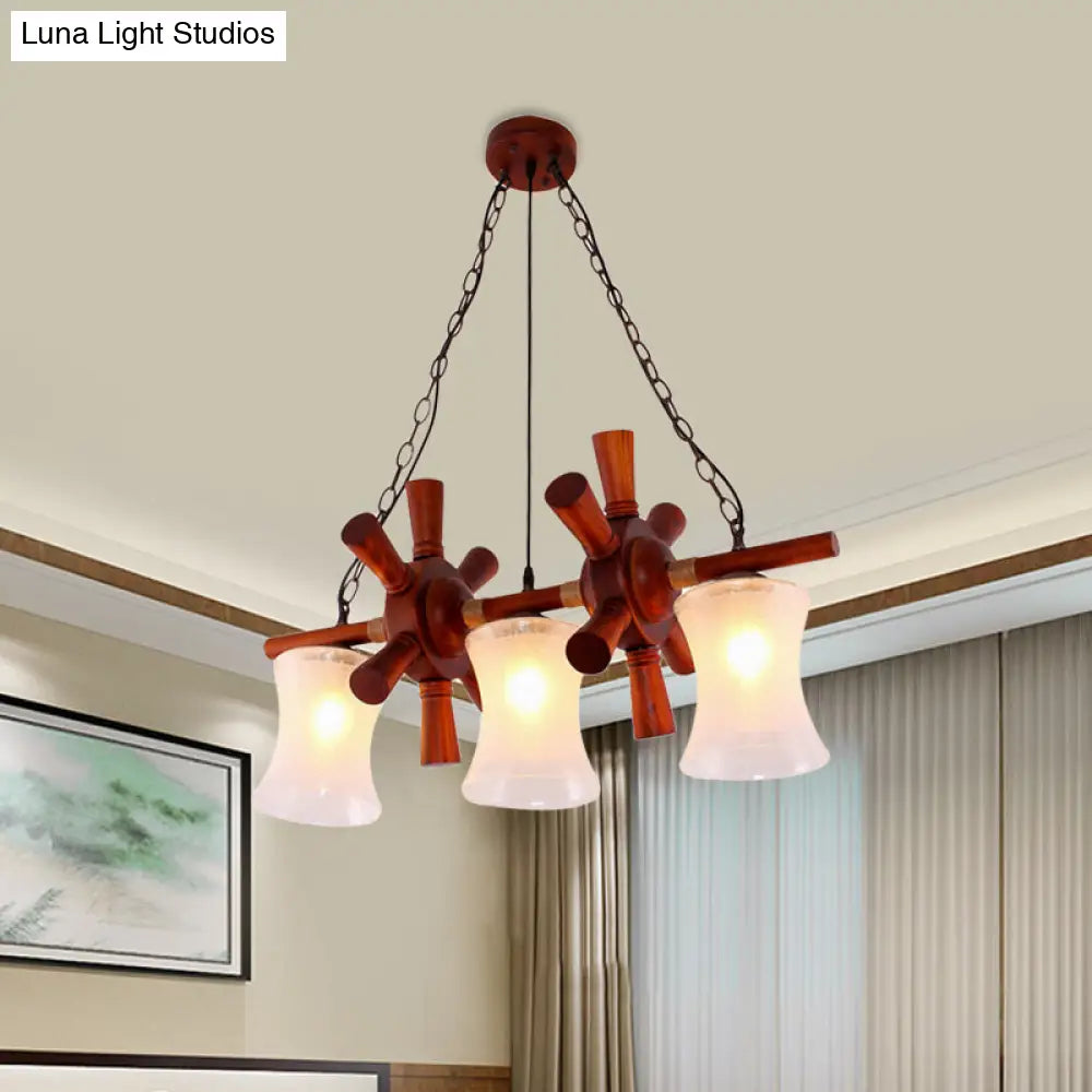 DecorBites™ Classic Cream Crackle Glass 3-Light Brown Pendant Light Kit for Dining Room Island with Flared Design and Wood Rudder Deco