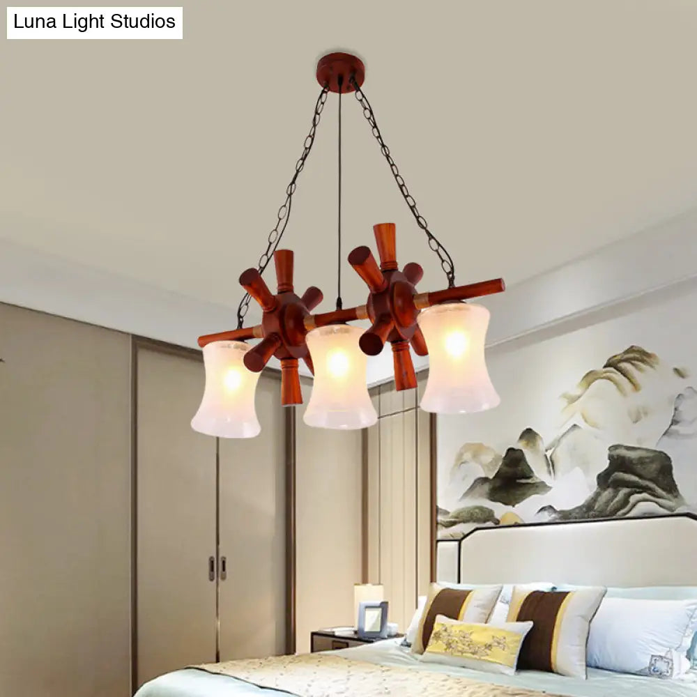 DecorBites™ Classic Cream Crackle Glass 3-Light Brown Pendant Light Kit for Dining Room Island with Flared Design and Wood Rudder Deco
