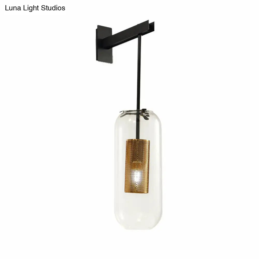 DecorBites™ Clear Glass Pill Capsule Wall Sconce - Modern 1-Light Hanging Light with Mesh Cage