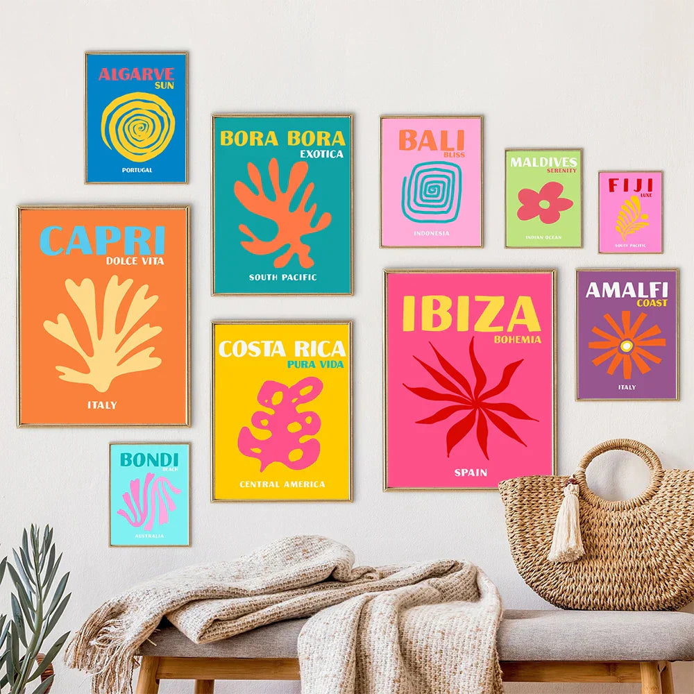 DecorBites™ Colorful Travel Posters - Miami, Ibiza, Mykonos