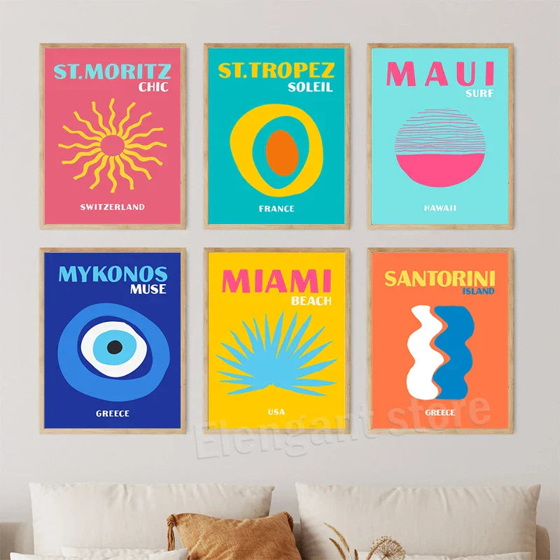 DecorBites™ Colorful Travel Posters - Miami, Ibiza, Mykonos