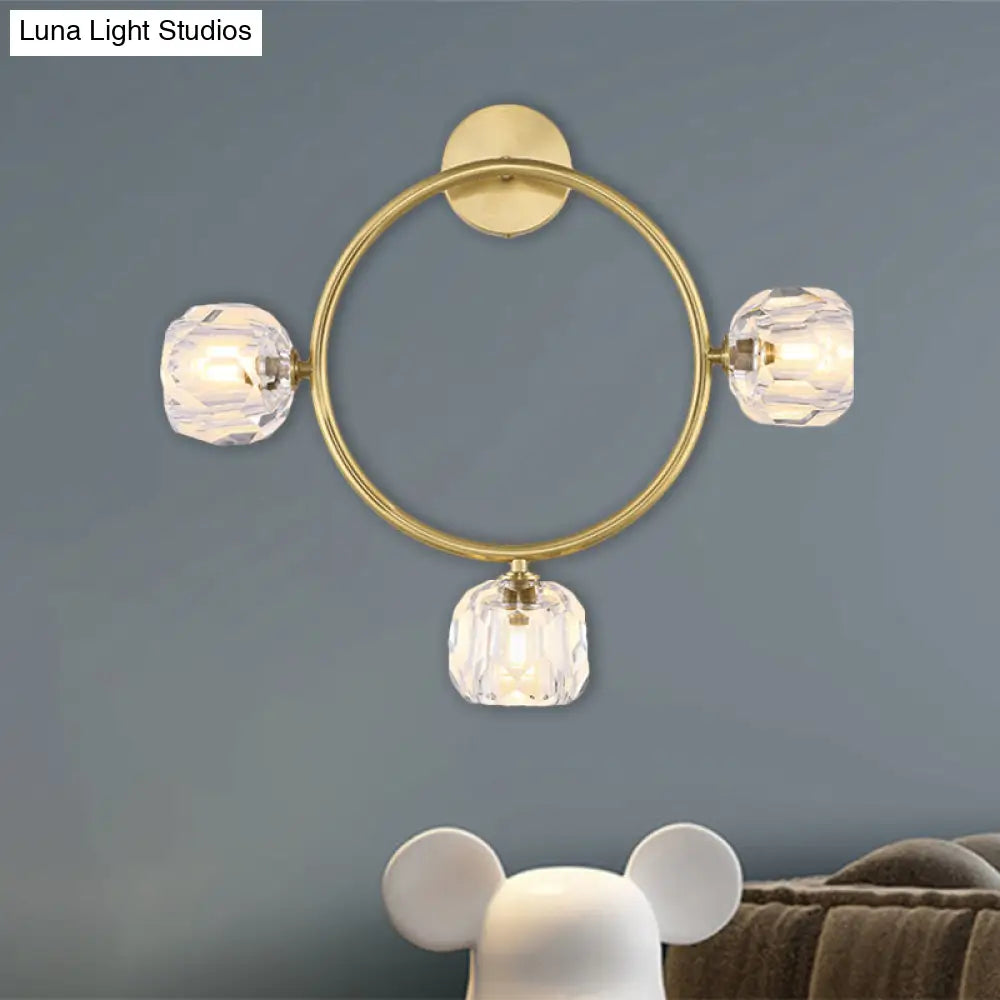 DecorBites™ Contemporary 3-Head Brass Wall Sconce with Modo Crystal Shade - Ring/Square Wall Light Fixture