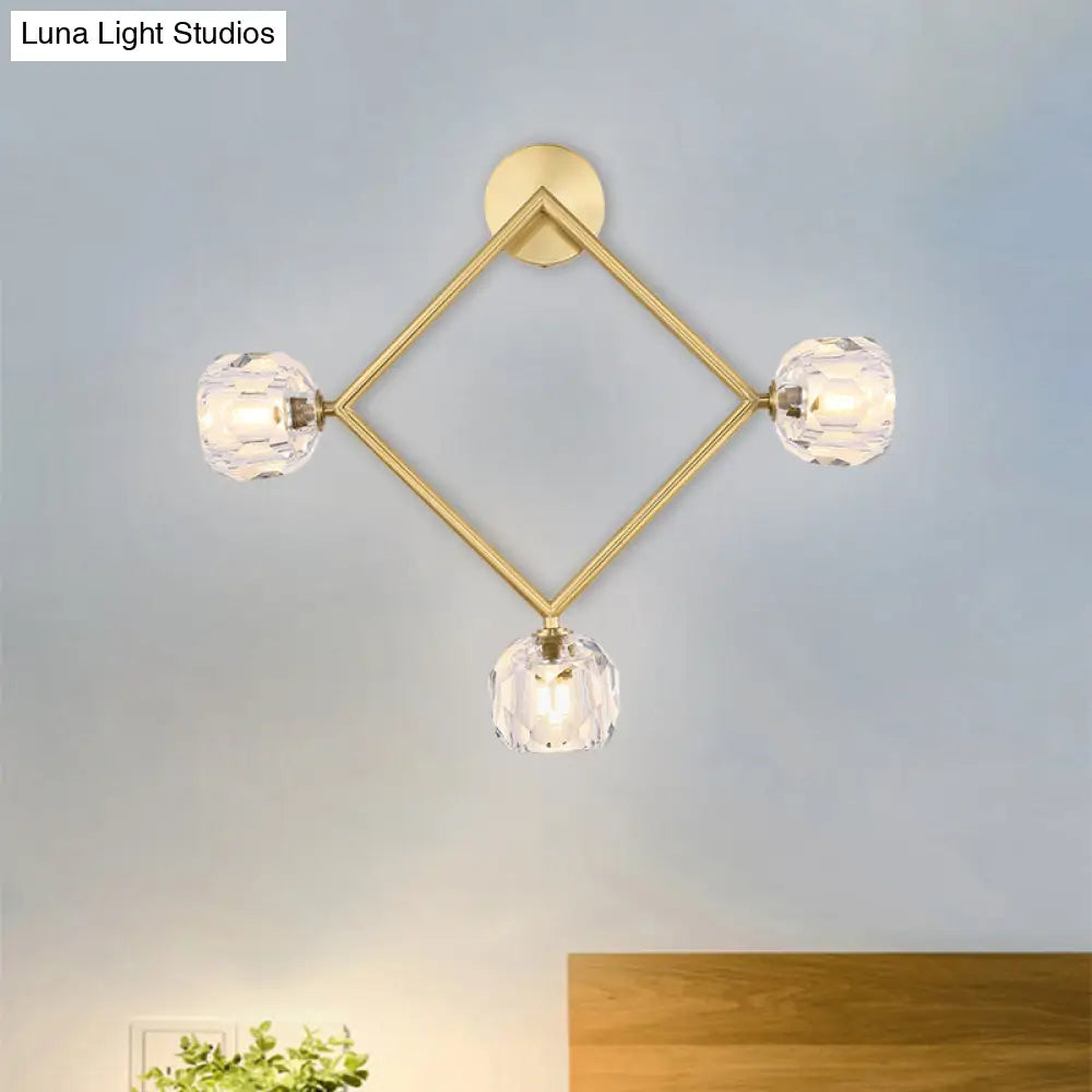 DecorBites™ Contemporary 3-Head Brass Wall Sconce with Modo Crystal Shade - Ring/Square Wall Light Fixture