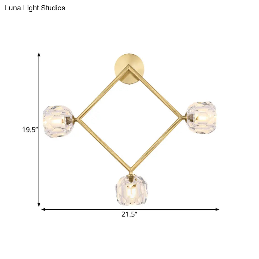 DecorBites™ Contemporary 3-Head Brass Wall Sconce with Modo Crystal Shade - Ring/Square Wall Light Fixture