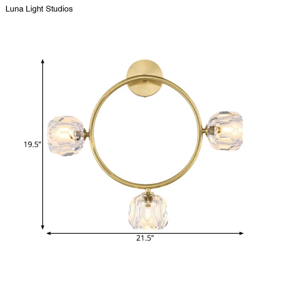 DecorBites™ Contemporary 3-Head Brass Wall Sconce with Modo Crystal Shade - Ring/Square Wall Light Fixture