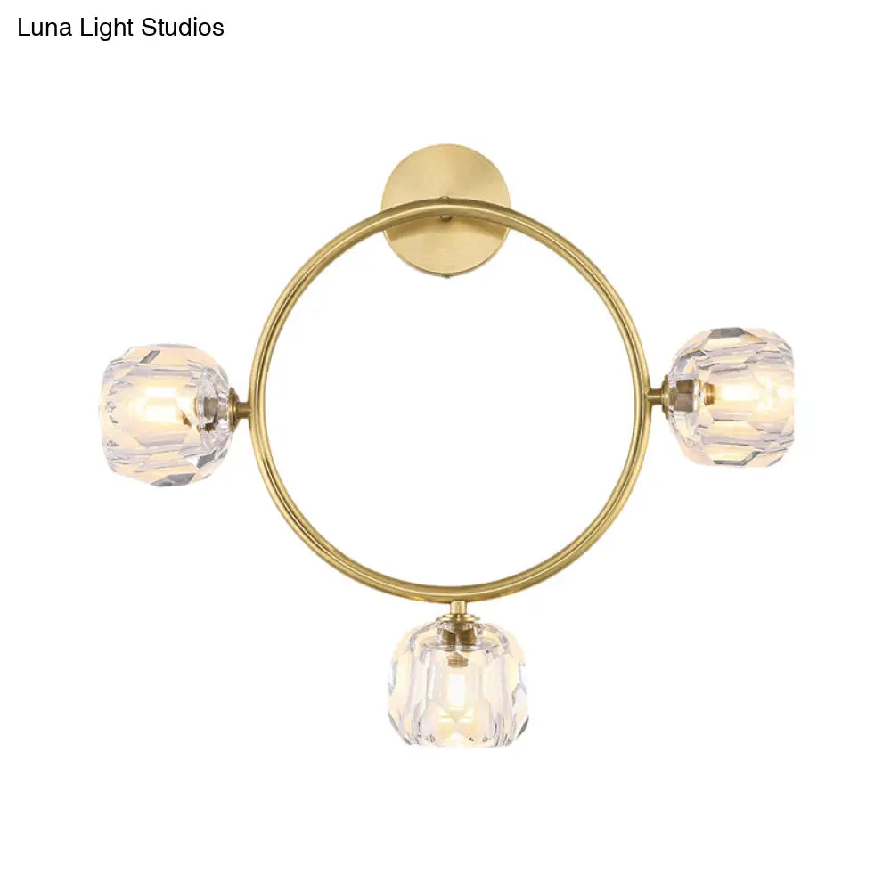 DecorBites™ Contemporary 3-Head Brass Wall Sconce with Modo Crystal Shade - Ring/Square Wall Light Fixture