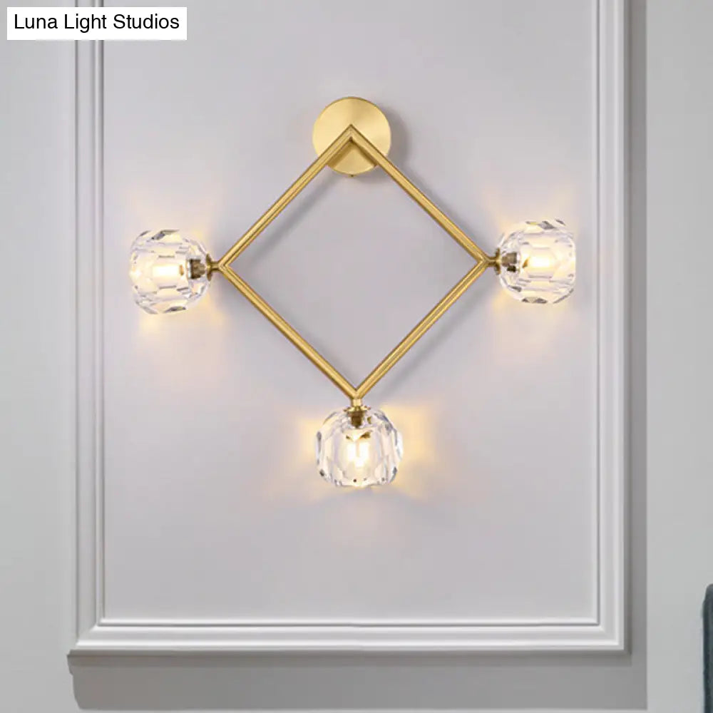 DecorBites™ Contemporary 3-Head Brass Wall Sconce with Modo Crystal Shade - Ring/Square Wall Light Fixture