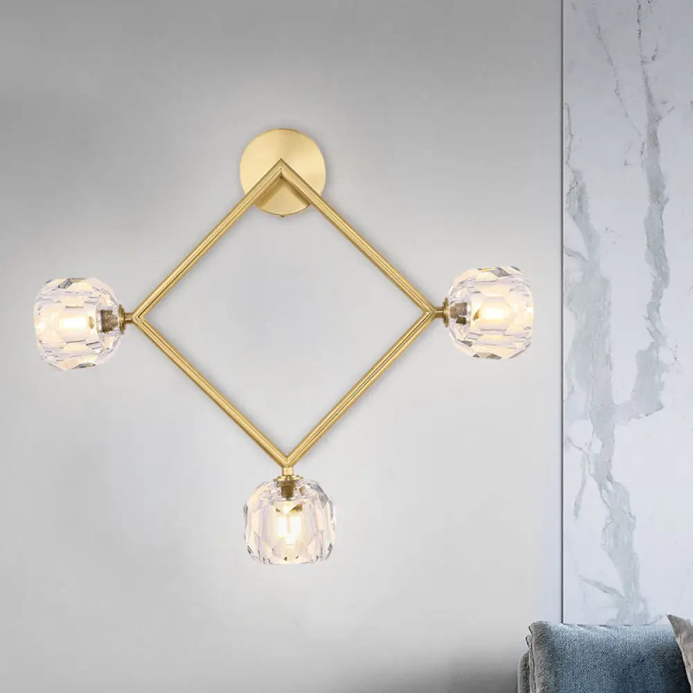 DecorBites™ Contemporary 3-Head Brass Wall Sconce with Modo Crystal Shade - Ring/Square Wall Light Fixture
