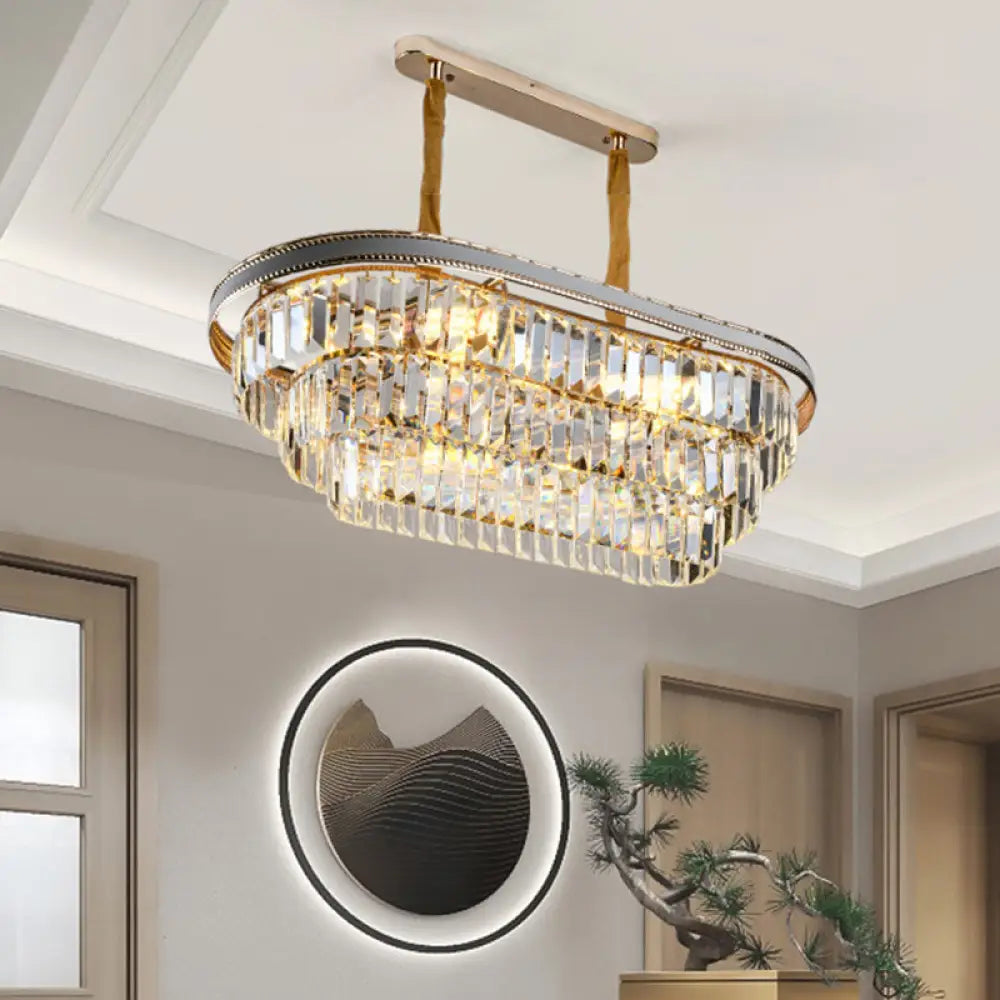 DecorBites™ Contemporary 3-Tier Oval Island Pendant with Clear Crystal - 8 Head Living Room Hanging Lamp
