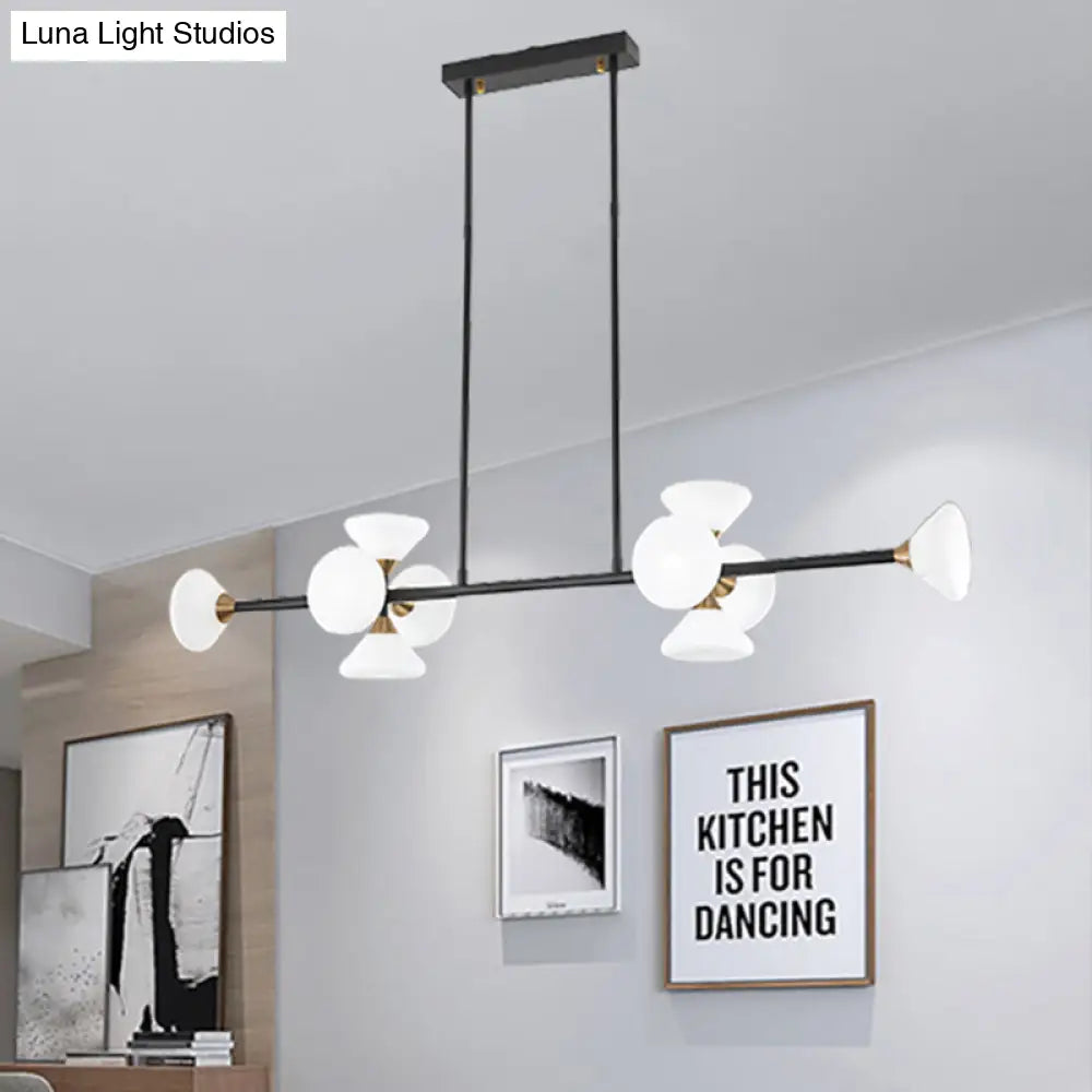 DecorBites™ Contemporary 6/10-Head LED Island Pendant Light with White Glass Shades - Black Linear Ceiling Fixture
