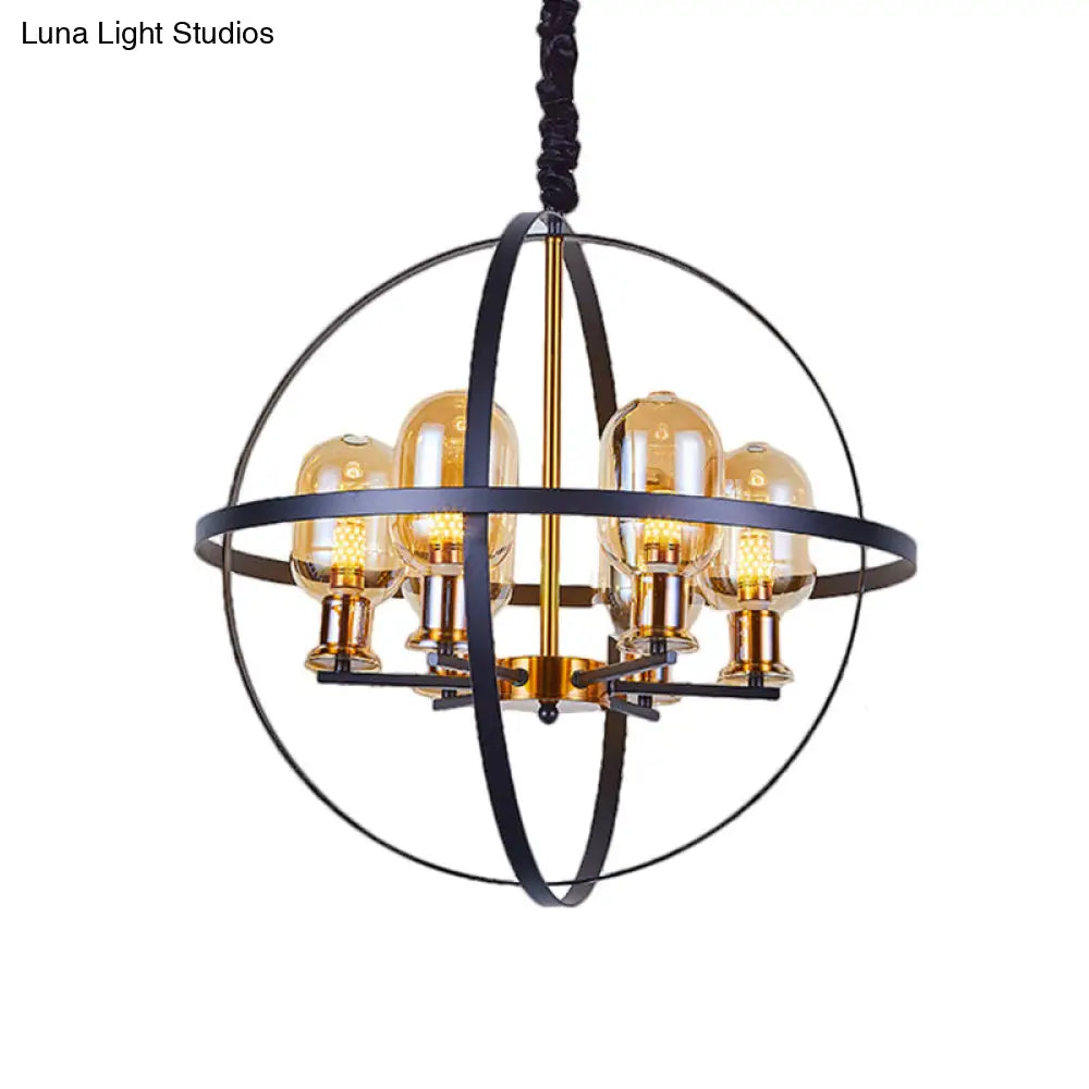 DecorBites™ Contemporary Amber Glass Pendant Chandelier with Orb Frame Design - 4/6-Light Suspension Lamp in Black-Gold