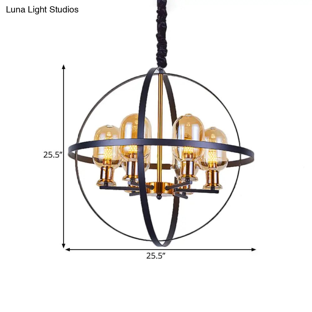 DecorBites™ Contemporary Amber Glass Pendant Chandelier with Orb Frame Design - 4/6-Light Suspension Lamp in Black-Gold