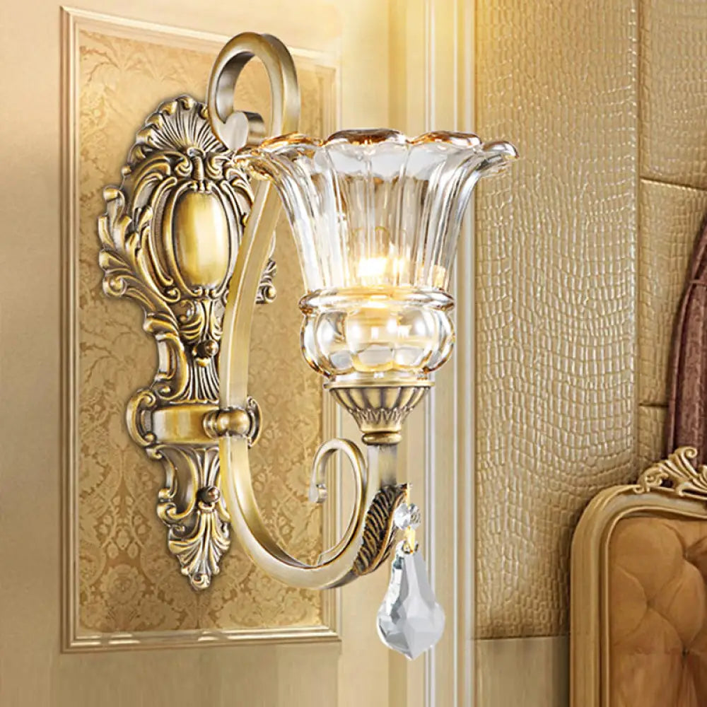 DecorBites™ Contemporary Brass Wall Mount Light with Crystal Drop - Flower Bedroom Sconce