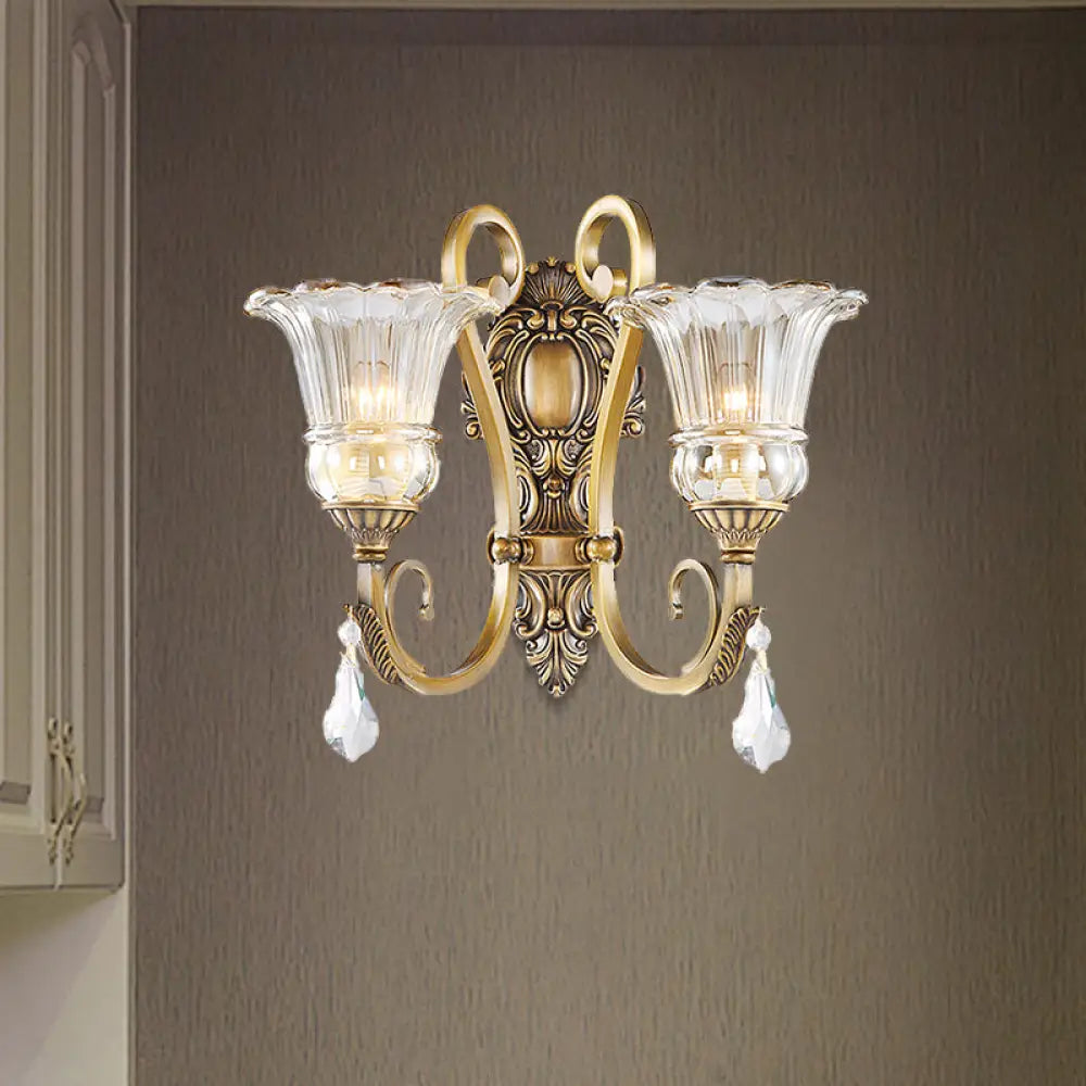 DecorBites™ Contemporary Brass Wall Mount Light with Crystal Drop - Flower Bedroom Sconce