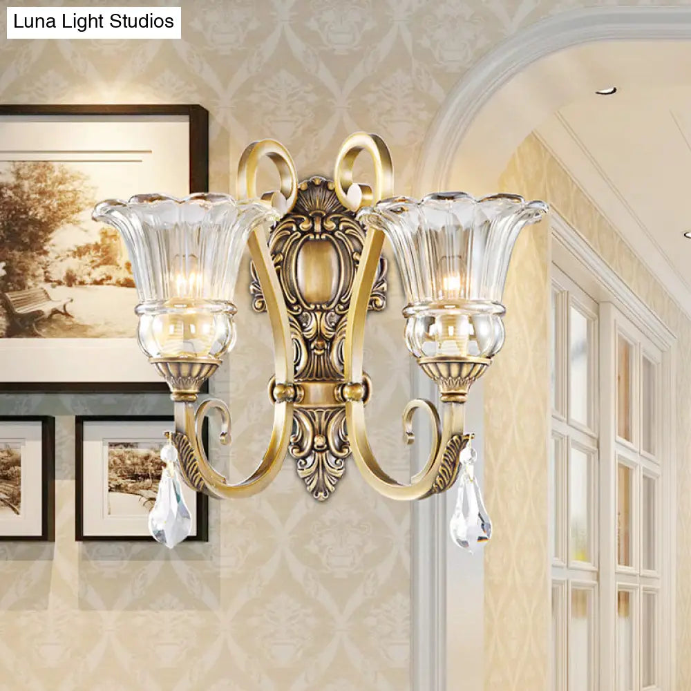 DecorBites™ Contemporary Brass Wall Mount Light with Crystal Drop - Flower Bedroom Sconce