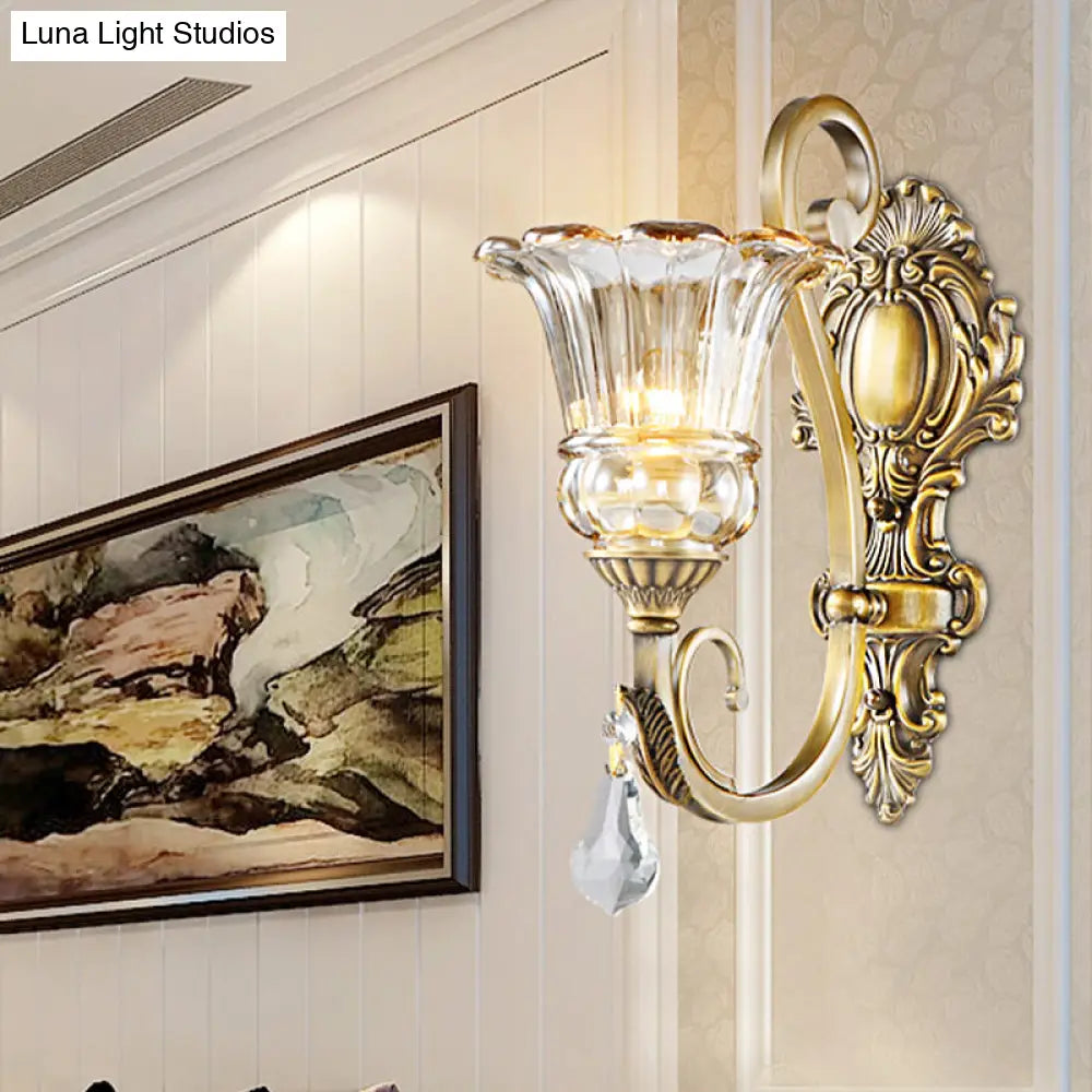 DecorBites™ Contemporary Brass Wall Mount Light with Crystal Drop - Flower Bedroom Sconce