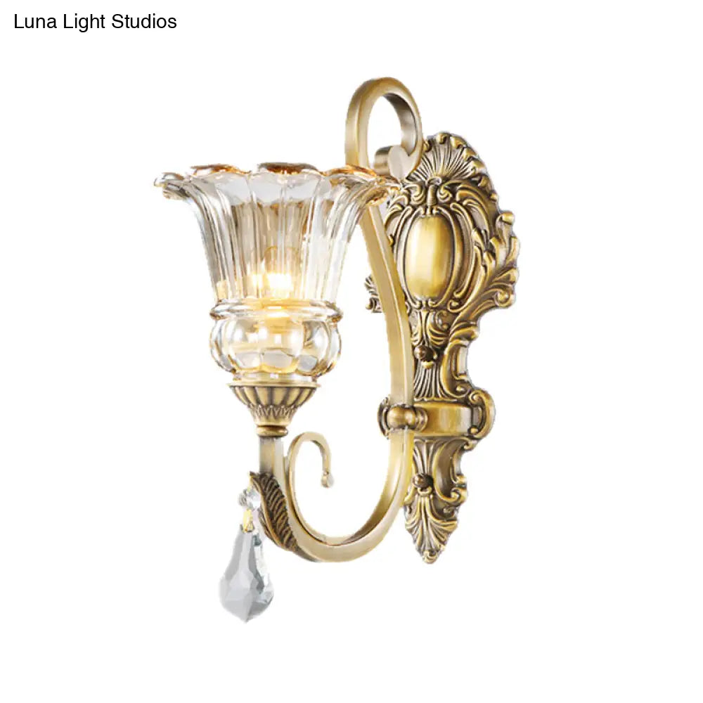 DecorBites™ Contemporary Brass Wall Mount Light with Crystal Drop - Flower Bedroom Sconce
