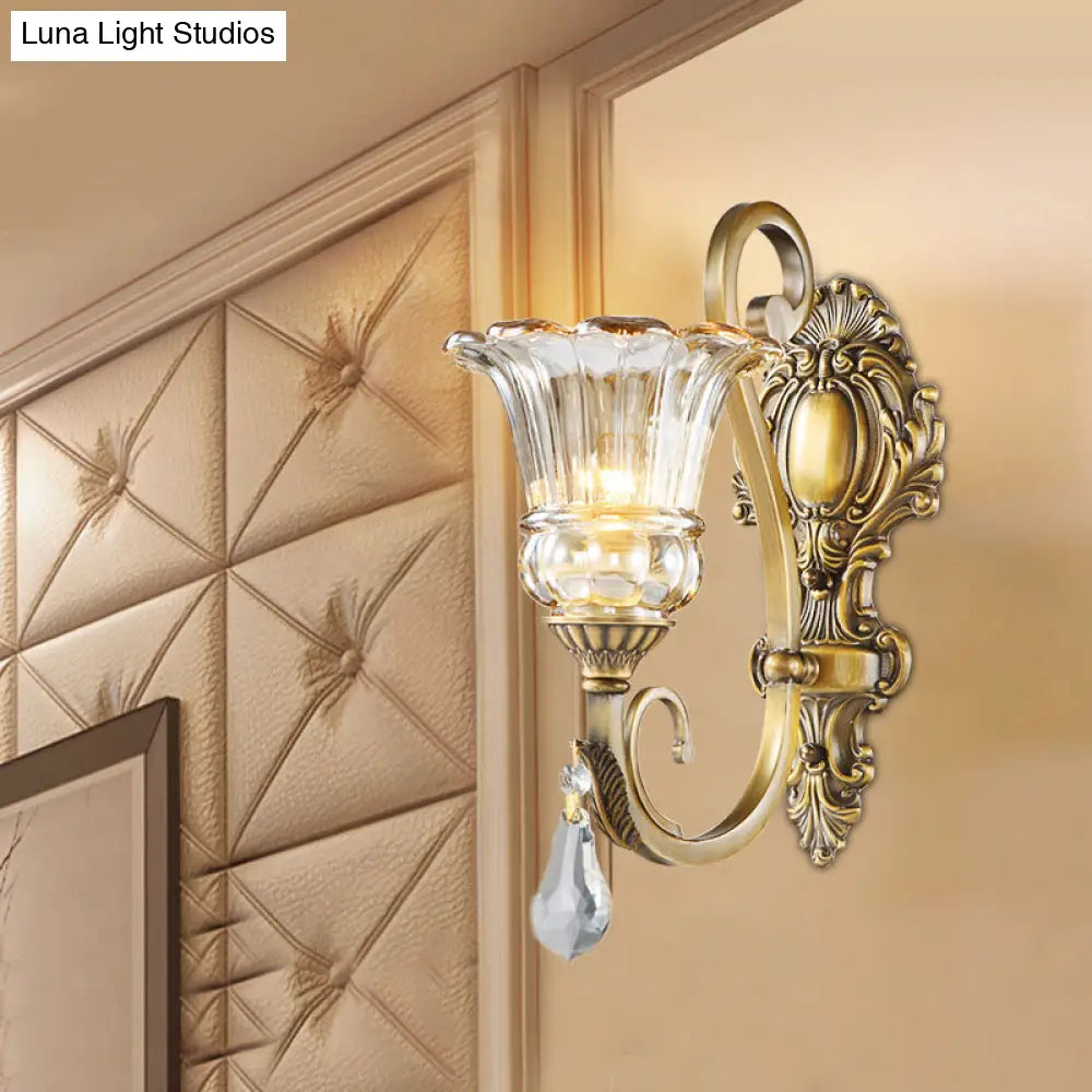 DecorBites™ Contemporary Brass Wall Mount Light with Crystal Drop - Flower Bedroom Sconce