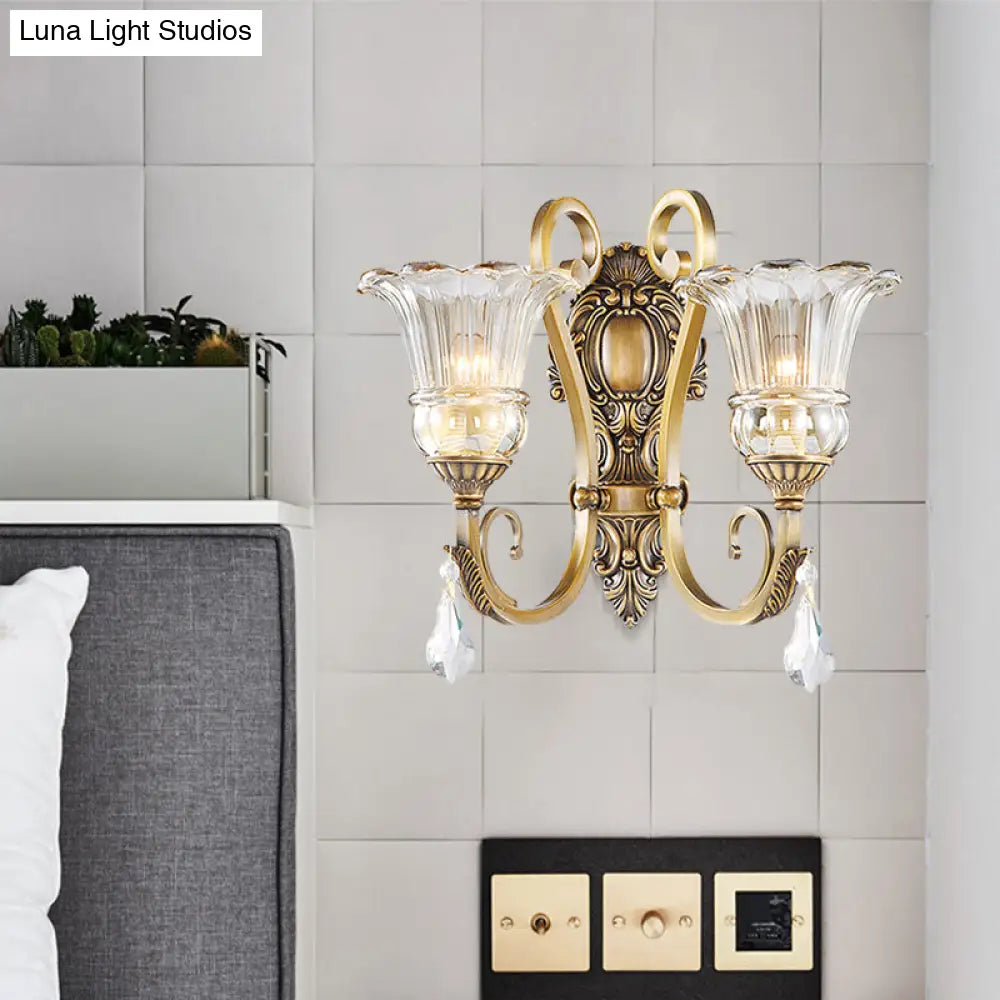 DecorBites™ Contemporary Brass Wall Mount Light with Crystal Drop - Flower Bedroom Sconce