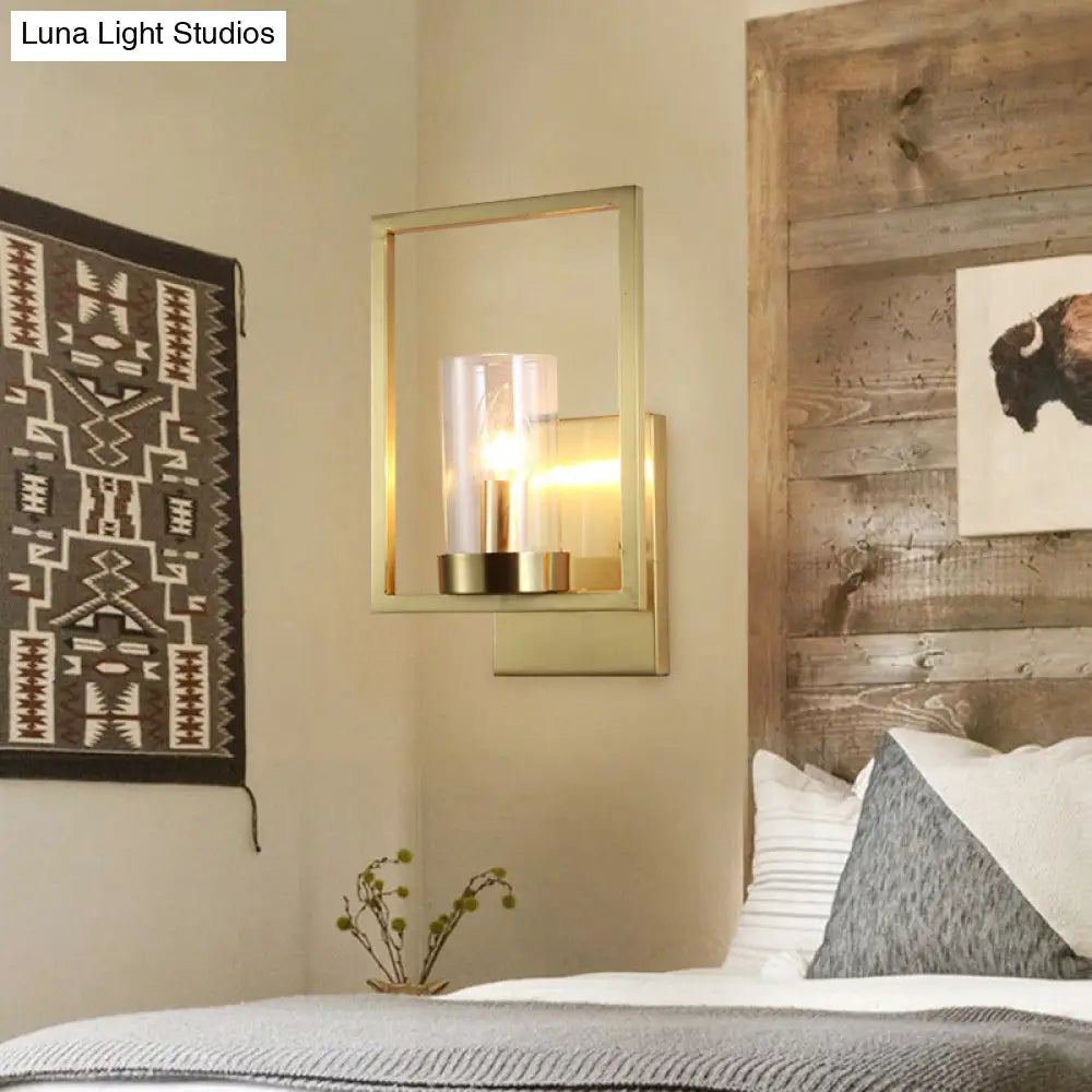 DecorBites™ Contemporary Brass Wall Sconce with Clear Glass Shade - Cylindrical Bedroom Light Fixture