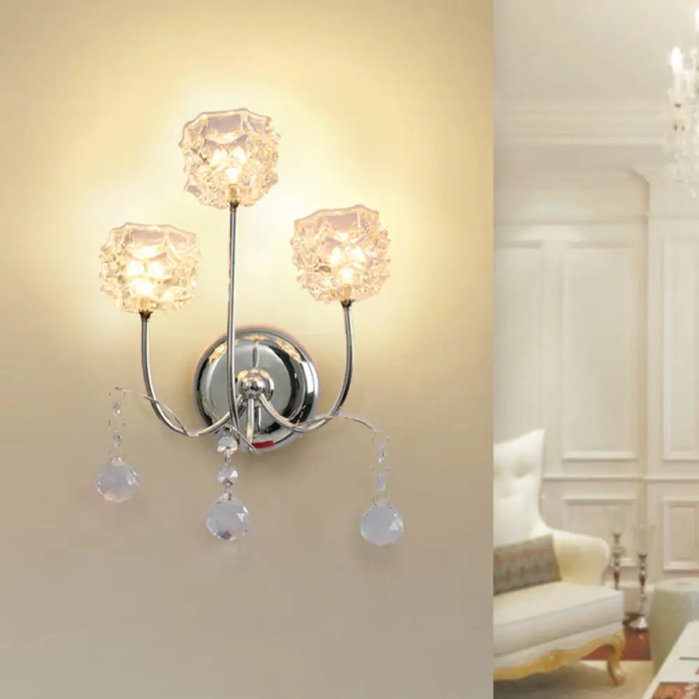 DecorBites™ Contemporary Chrome Wall Sconce with Floral Crystal Shade - 3 Heads, Curvy Metal Arm