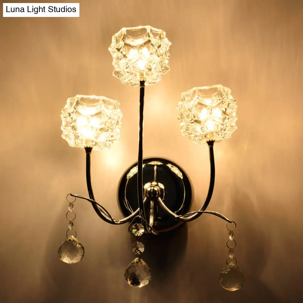 DecorBites™ Contemporary Chrome Wall Sconce with Floral Crystal Shade - 3 Heads, Curvy Metal Arm