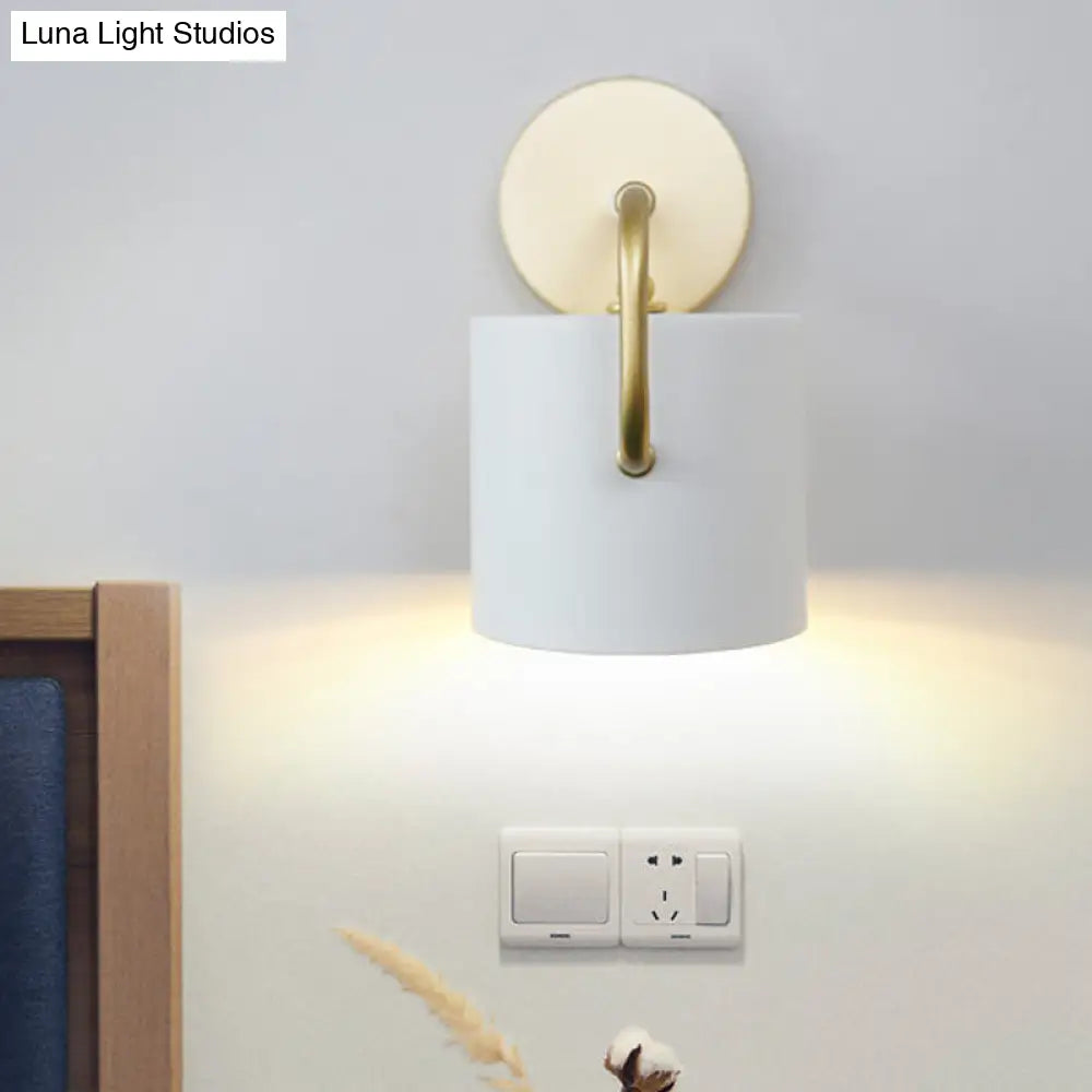 DecorBites™ Contemporary Cylinder Wall Lamp with Curved Arm - White Metal Sconce Light Fixture (1 Bulb)