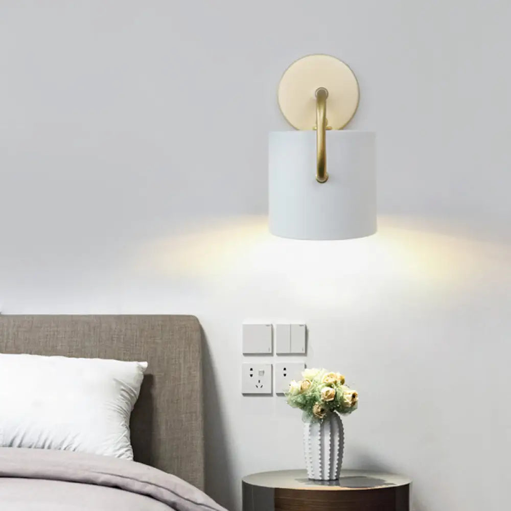 DecorBites™ Contemporary Cylinder Wall Lamp with Curved Arm - White Metal Sconce Light Fixture (1 Bulb)