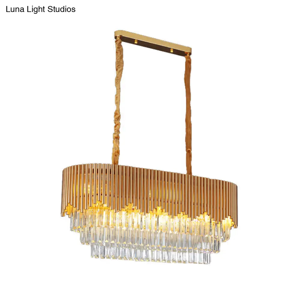 DecorBites™ Contemporary Gold Finish Island Lighting with 8 Bulbs, Faceted Crystal Blocks, and Oval Hanging Design