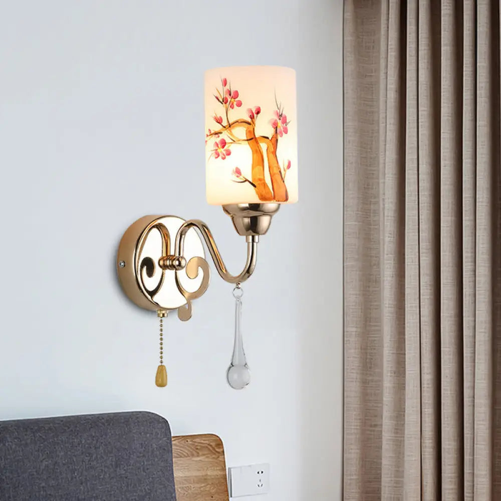 DecorBites™ Contemporary Gold Finish Wall Lamp with Cream Glass Shade & Pull Chain