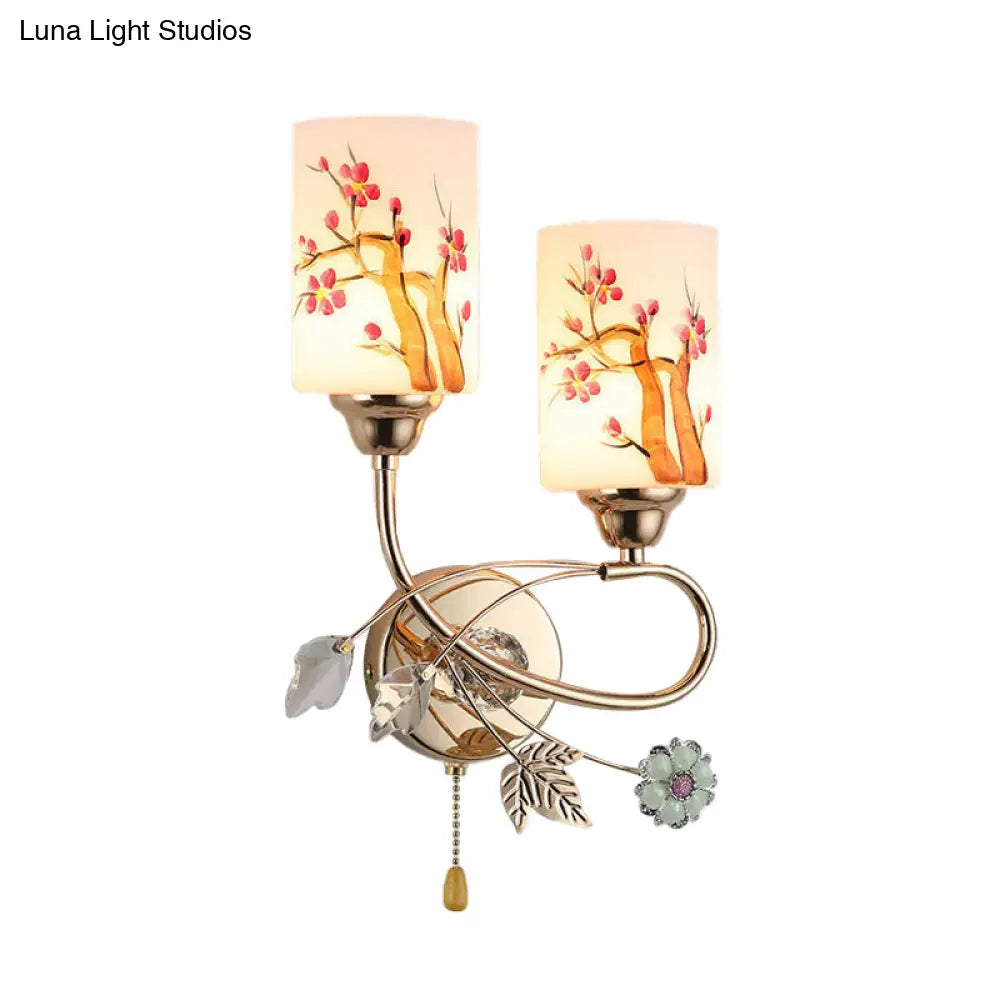 DecorBites™ Contemporary Gold Finish Wall Lamp with Cream Glass Shade & Pull Chain
