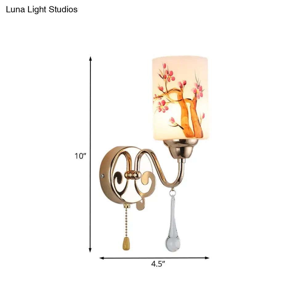 DecorBites™ Contemporary Gold Finish Wall Lamp with Cream Glass Shade & Pull Chain