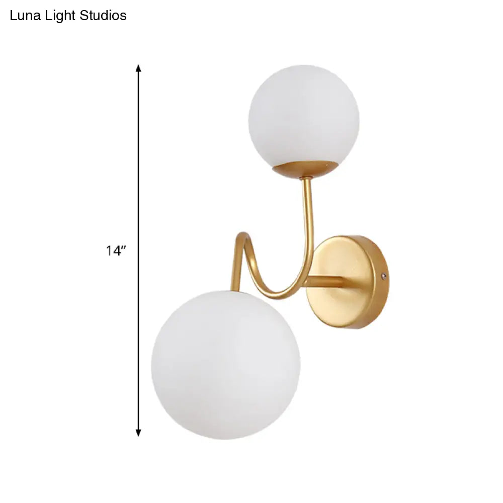 DecorBites™ Contemporary Gold Metal Wall Sconce with Curved Arms, 2 Heads, and White Glass Shade