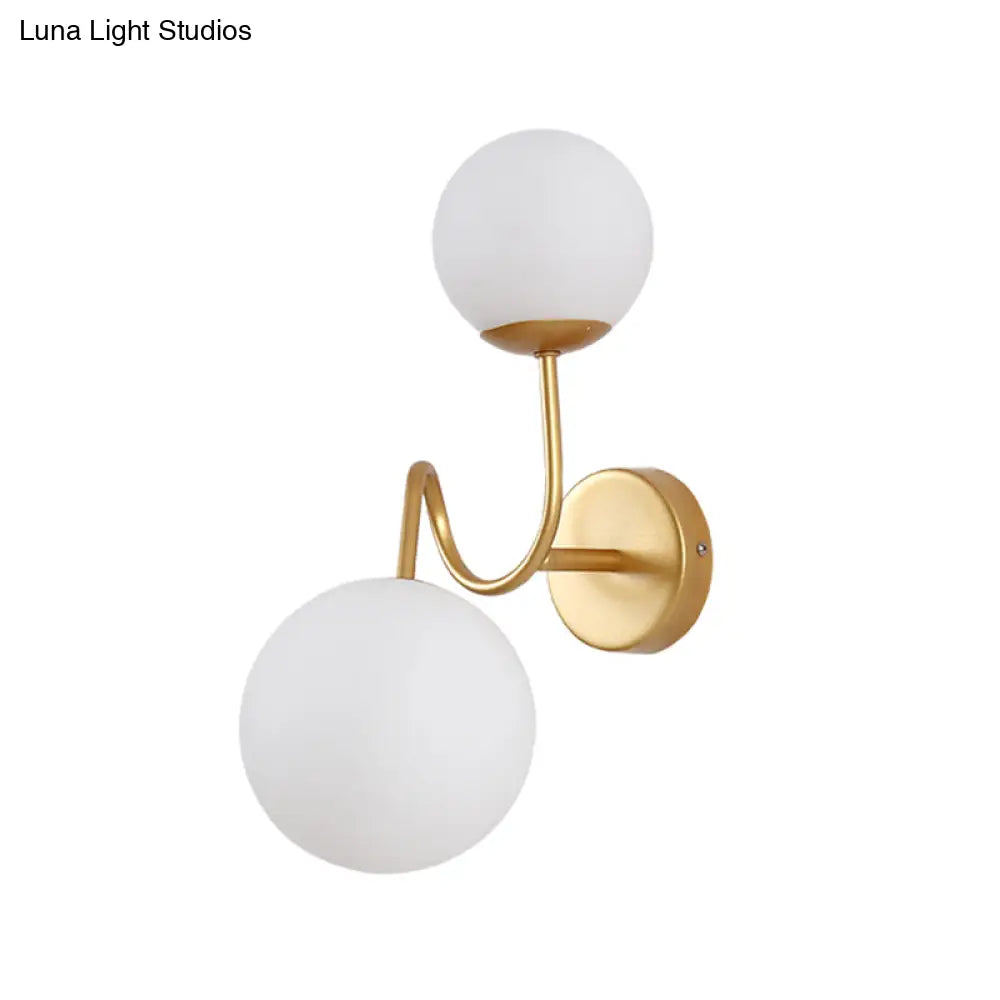 DecorBites™ Contemporary Gold Metal Wall Sconce with Curved Arms, 2 Heads, and White Glass Shade