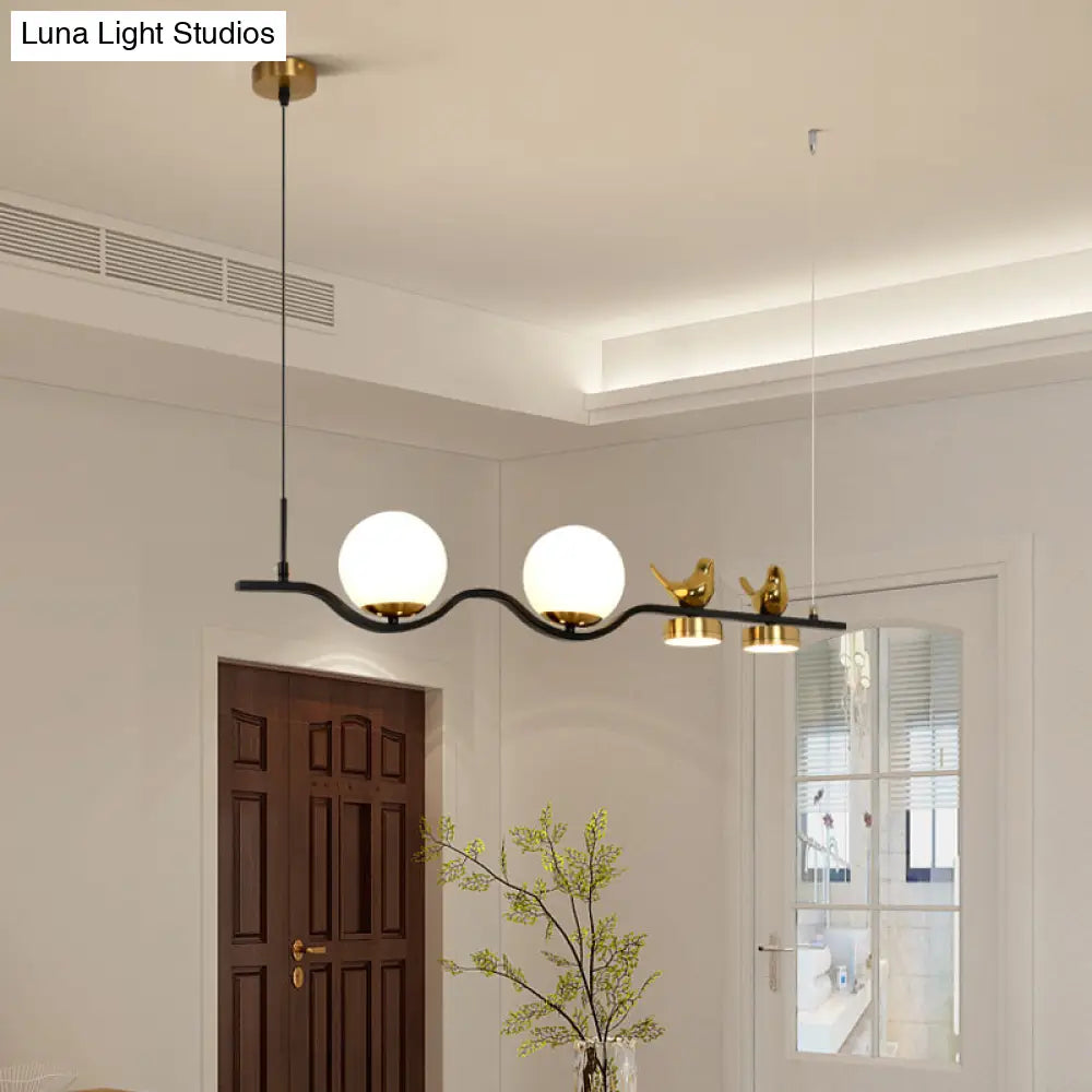 DecorBites™ Contemporary Linear/Branch Dining Room Island Lamp - Cream Glass Ball, 4 Heads, Hanging Pendant with Bird Deco (Black-Gold)