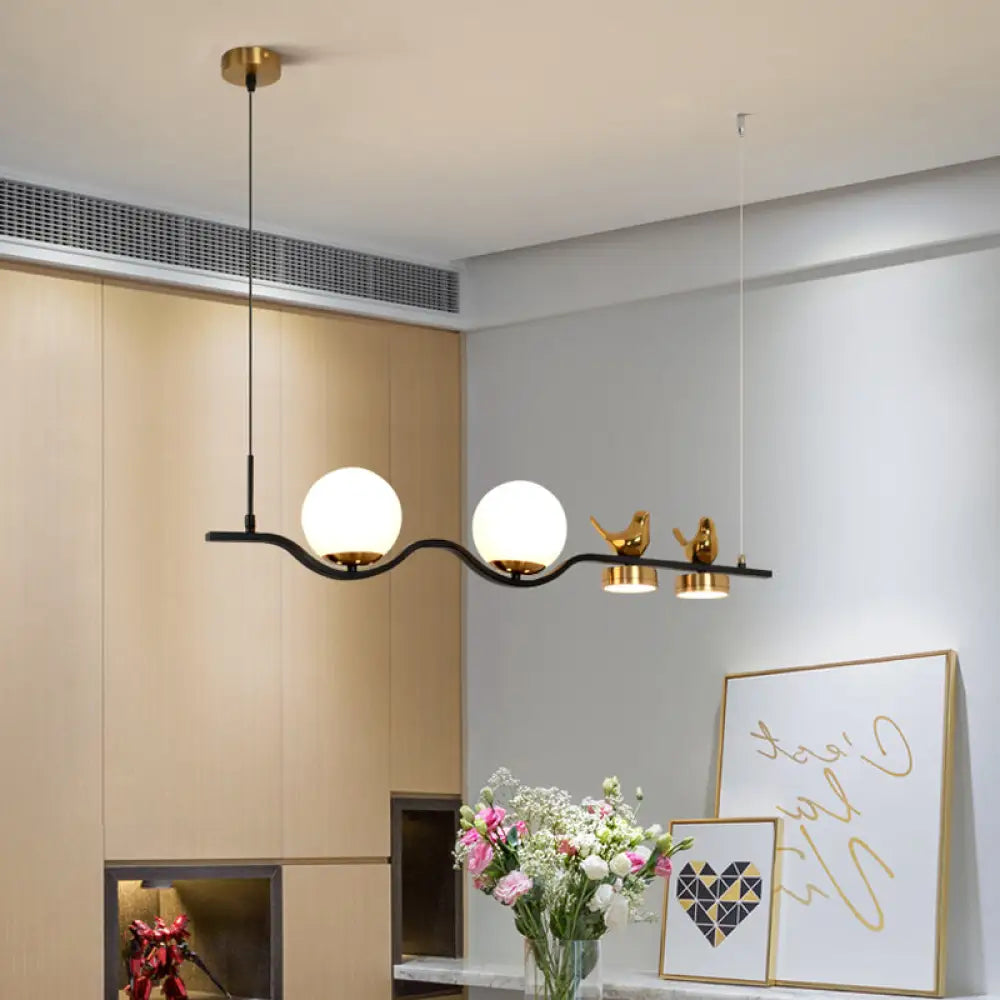 DecorBites™ Contemporary Linear/Branch Dining Room Island Lamp - Cream Glass Ball, 4 Heads, Hanging Pendant with Bird Deco (Black-Gold)
