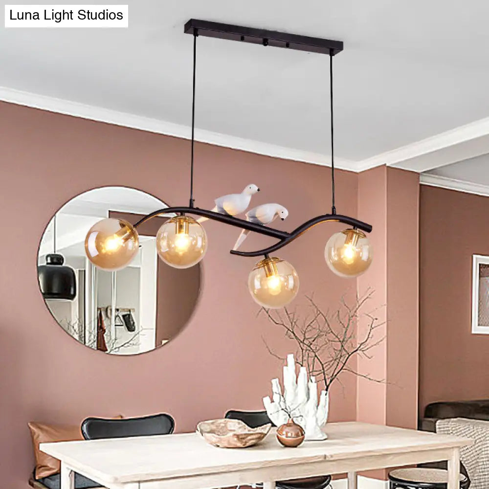 DecorBites™ Contemporary Metal Branch Hanging Lamp Island Pendant - 4-Light Black/Gold with Bird Deco and Smoke Grey/Cognac Glass Shade