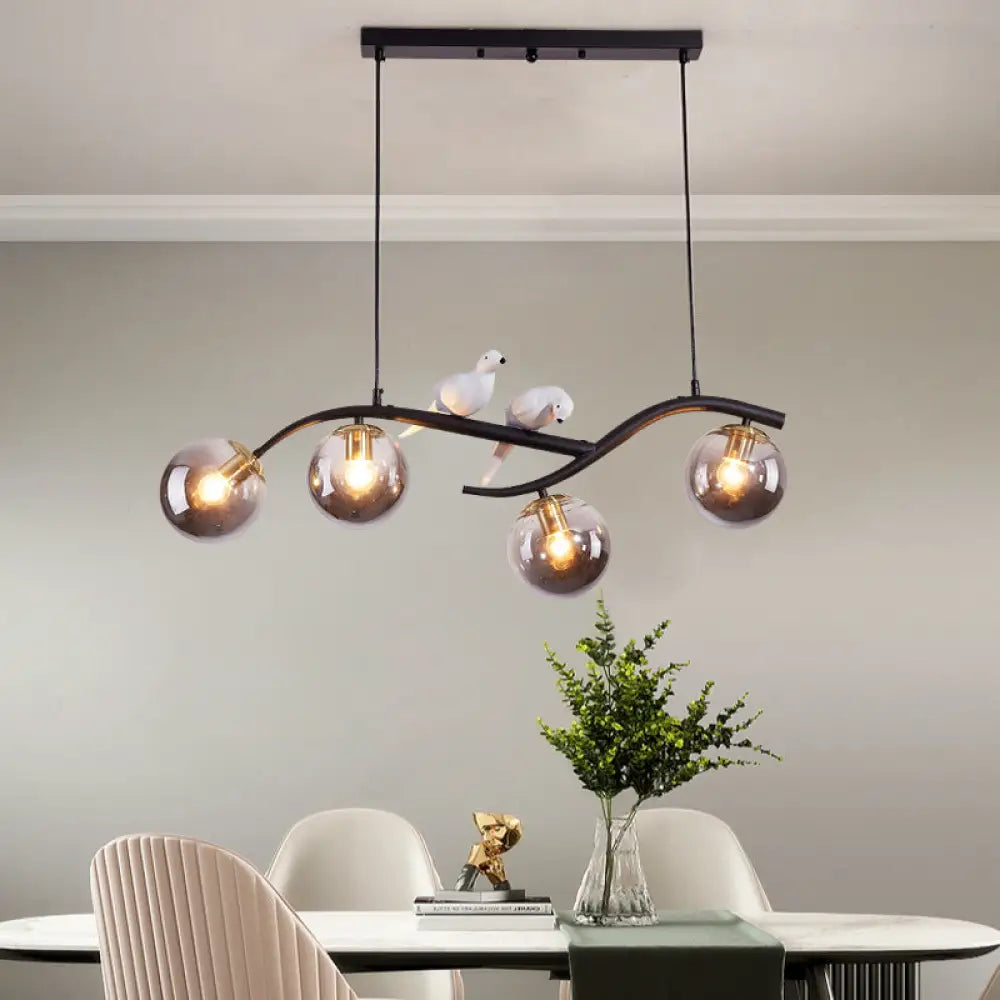 DecorBites™ Contemporary Metal Branch Hanging Lamp Island Pendant - 4-Light Black/Gold with Bird Deco and Smoke Grey/Cognac Glass Shade