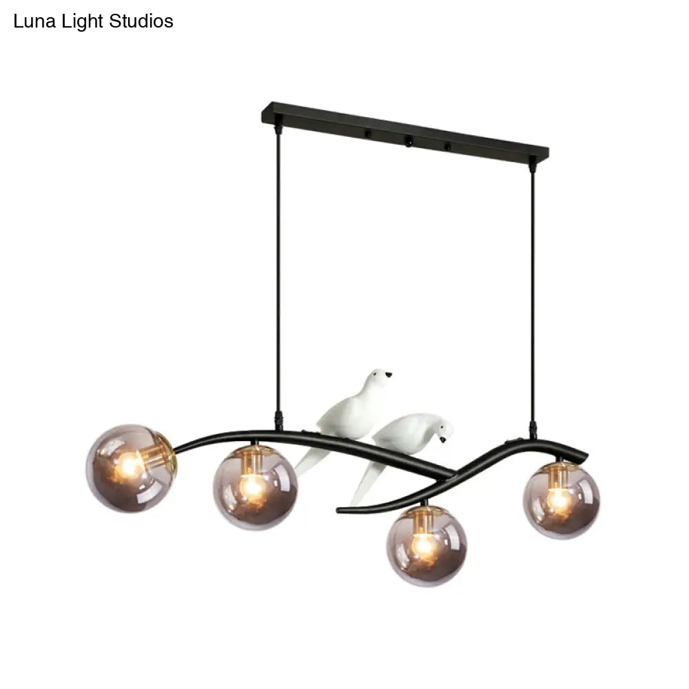 DecorBites™ Contemporary Metal Branch Hanging Lamp Island Pendant - 4-Light Black/Gold with Bird Deco and Smoke Grey/Cognac Glass Shade