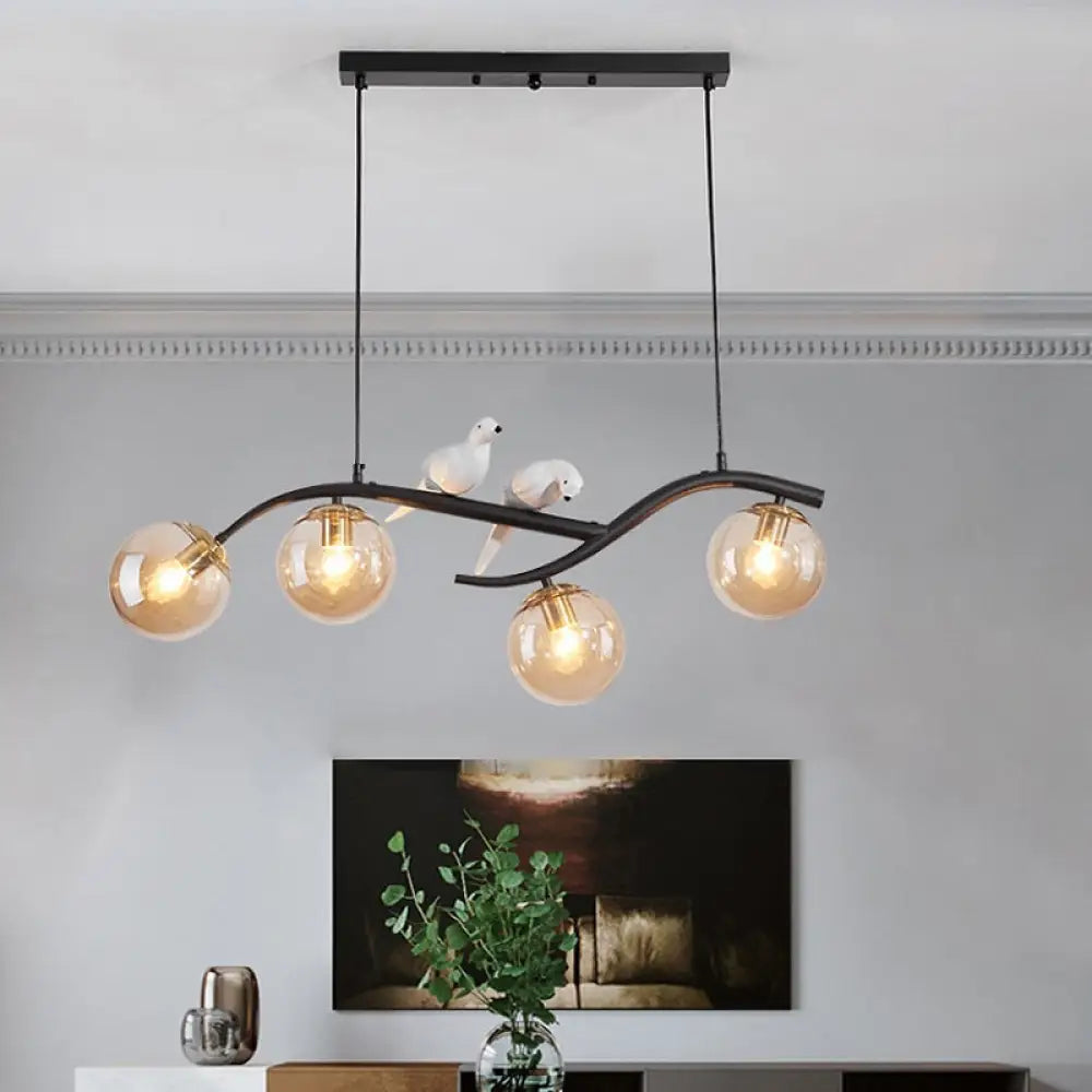 DecorBites™ Contemporary Metal Branch Hanging Lamp Island Pendant - 4-Light Black/Gold with Bird Deco and Smoke Grey/Cognac Glass Shade